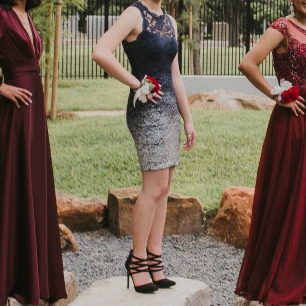 Blue and silver ombré prom dress